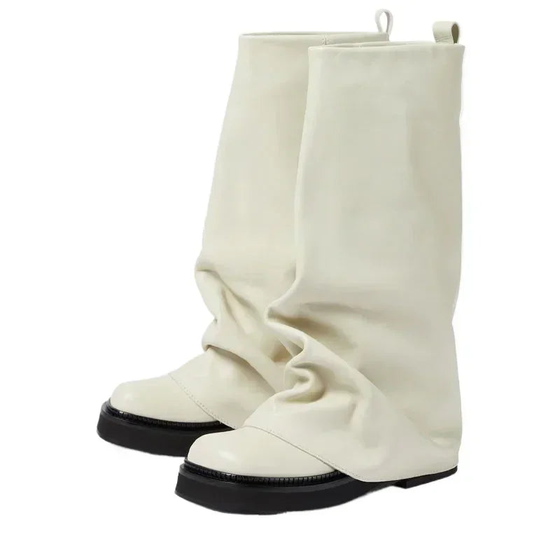 Women's Chunky Leather Flats & Knee Boots - Square Toe Loose Fit Spring-Autumn Casual Shoes with Pleated Pants