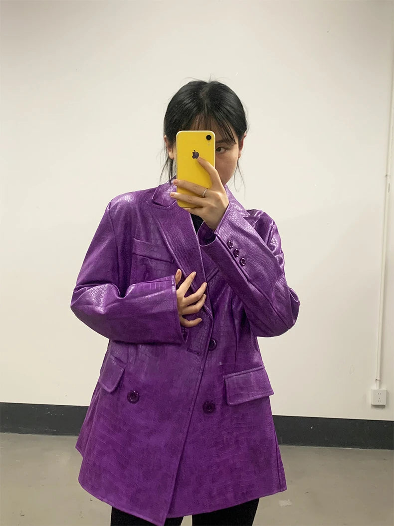 Mauroicardi Autumn Soft Luxury Matte Purple Crocodile Print Pu Leather Blazer Jacket Women Loose Casual Korean Fashion Clothes