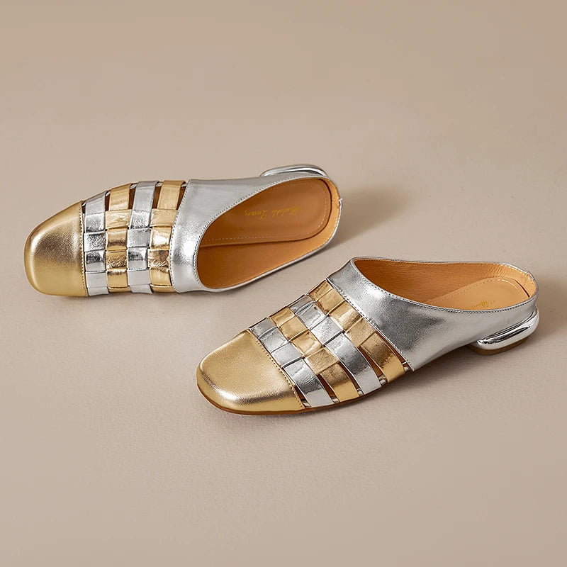 Dilalula 2025 Genuine Leather Braided Slippers Women Mixed Color Covered Toe Low Heels Casual Slides Ladies Summer Weave Mules