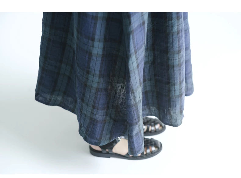 Summer 2026 Large Size Cotton Linen Plaid Vest Skirt Long Svel Dr Chest Splicing Wooden  Ear A-Line Dr
