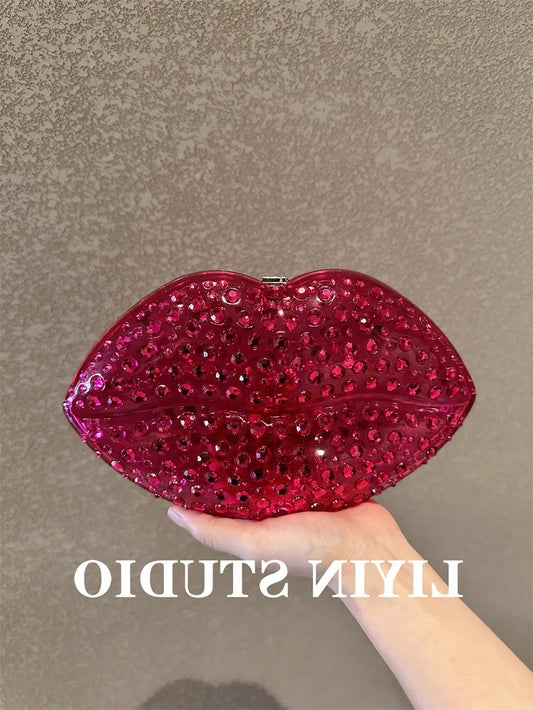 Cute Quirky Lip Shape Acrylic Diamond Handbag Niche Design Portable Dinner Bag Large Capacity Handheld Party Bag Female