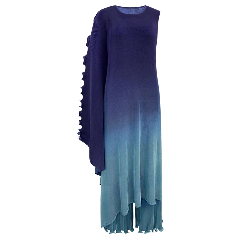 Miyake style  Pleated Bat Raglan Sleeve Irregular Dress Set Women 2025 New Fashion Original Designer Gradient Printing Two Piece Sets