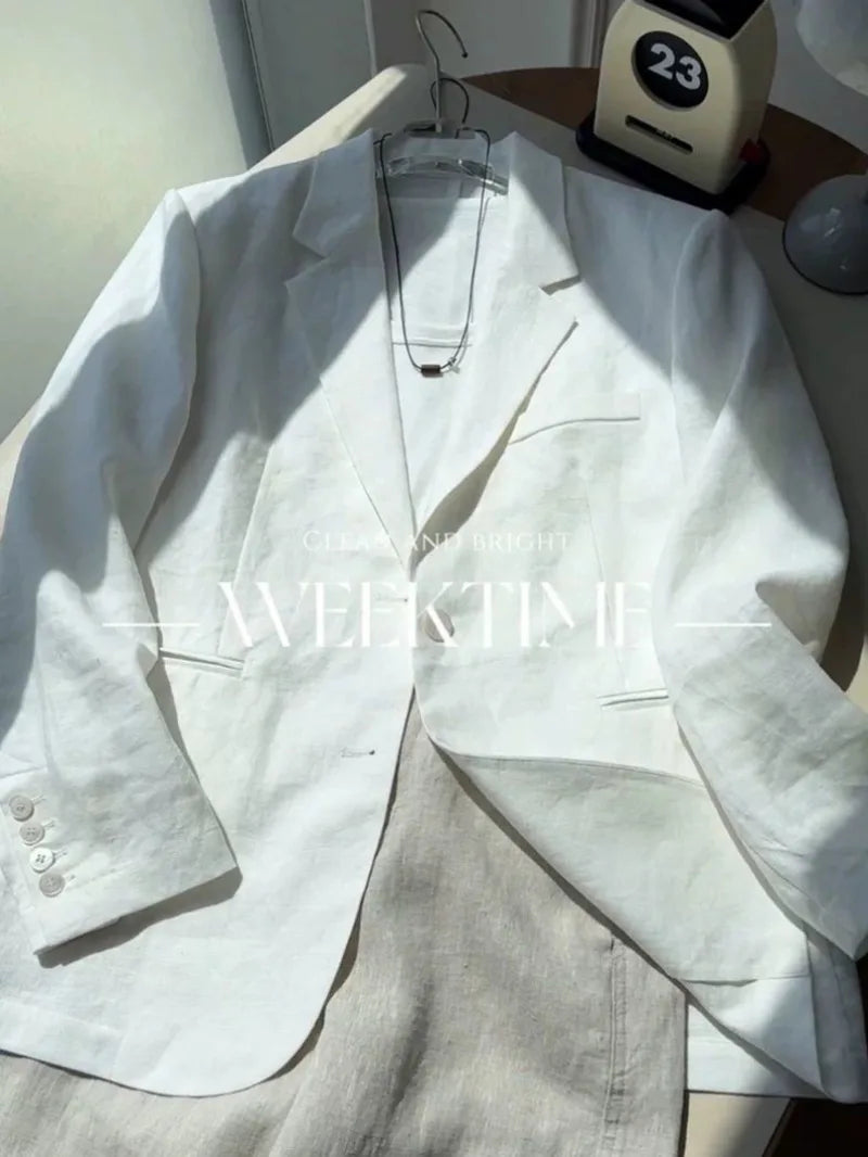 Limiguyue White Linen Suit Coats Women Spring Autumn Lapel Collar Long Sleeve Jackets Elegant Thin Cotton Linen Outwear 114B