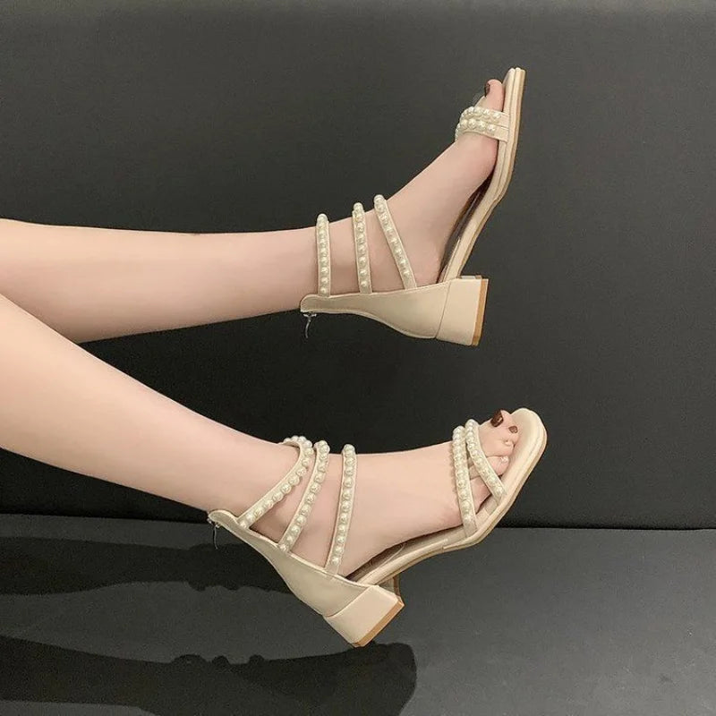 Pearl with Medium Heels Summer 2025 Women's Shoes Sandals for Woman Square Footwear Black Comfort Anti Slip Hot Vip The Best H F