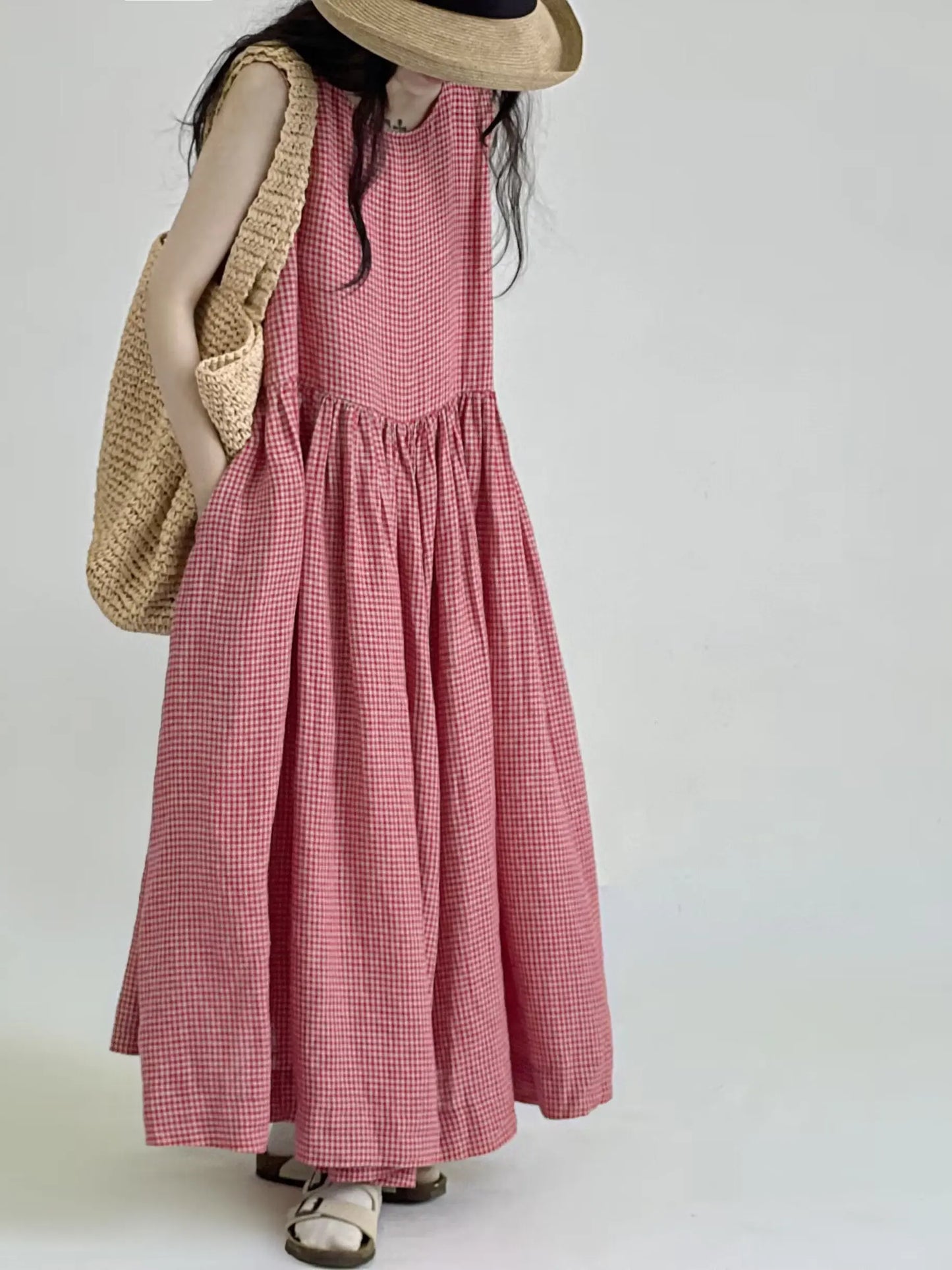 Summer New Women's Cotton Lin Loose Casual Dr High Waist A-Line Skirt Svel Vest Dr Cheered Pattern plus Size