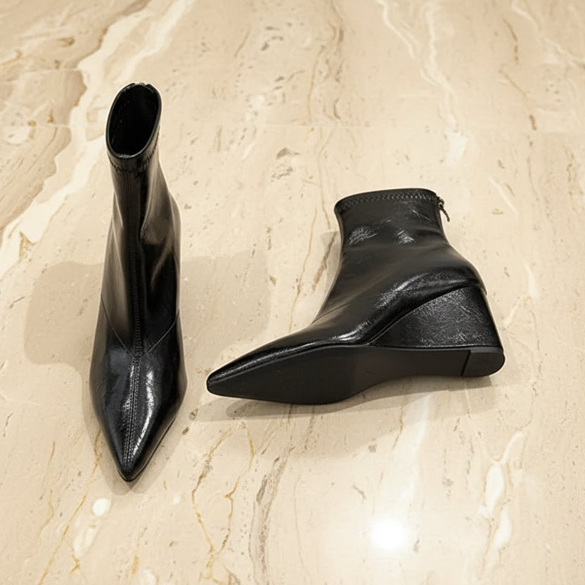 Autumn Winter Vintage Patent Leather Wedges Women Ankle Boots Fashion Pointed toe High heels Female Chelsea Short Boots Shoes