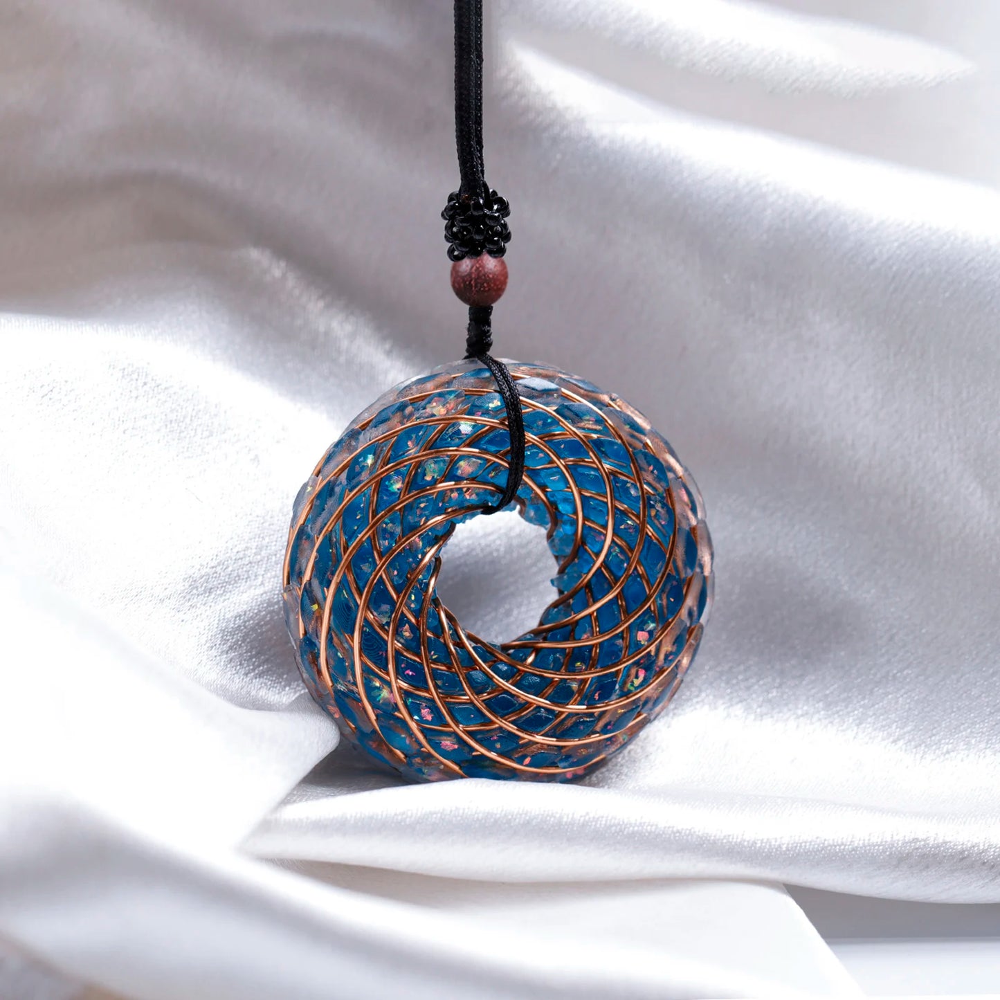 Rodin Coil &Opal Orgone Pendant Necklace , Blue glass pendant jewelry, Chakra Balancing, Adjustable Chain