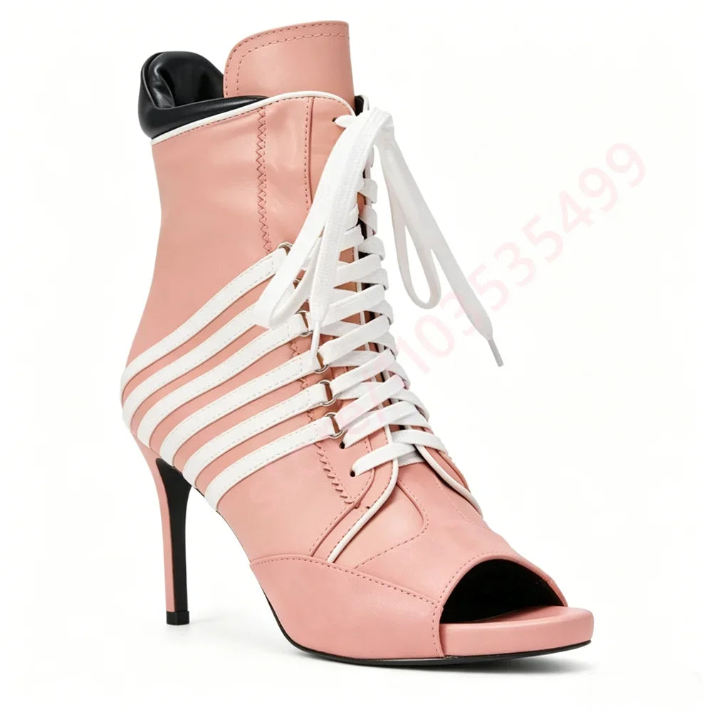 2026 Striped Peep Toe Ankle Women Boots Summer New Style Front Lace Up Thin Stiletto High Heel Fashion Streetwear Booties