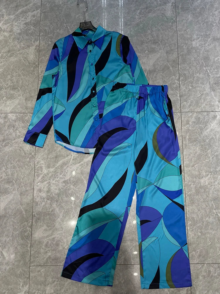 Retro geometric print lapel straight tube silk shirt two-piece set 2026 autumn women's clothing+loose wide leg pants fashion set