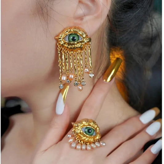 Medieval Personality Devil's Eye Pearl Tassel Earrings for Women Girl Light Luxury High-end Ring Necklace  Jewellery Accessories