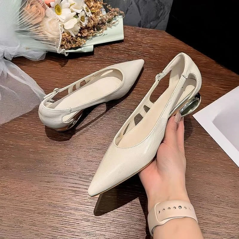 Cutout Low Heel Single Shoes Women's Pointed Toe Shallow Mouth One Strap Non-Slip Wear-Resistant Block Heel Shoes