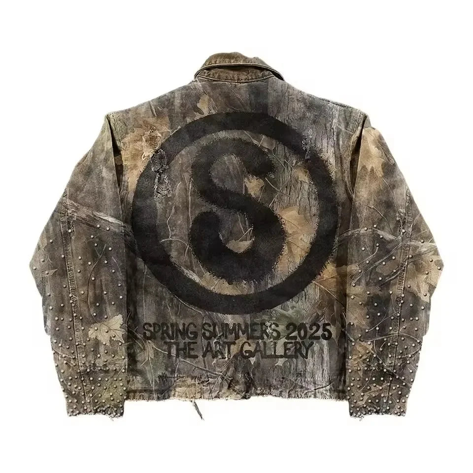 Y2K Retro Camouflage Leaf Jacket for Men and Women Harajuku Hip Hop Style Oversized Casual Coat Letter Cool Streetwear Outerwear