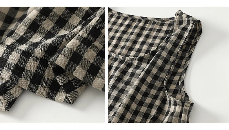Retro Japanese Sle Linen Plaid Vest Dr Women Summer Loose Cotton Linen Svel Midi Dr A-Line Skirt round Ne