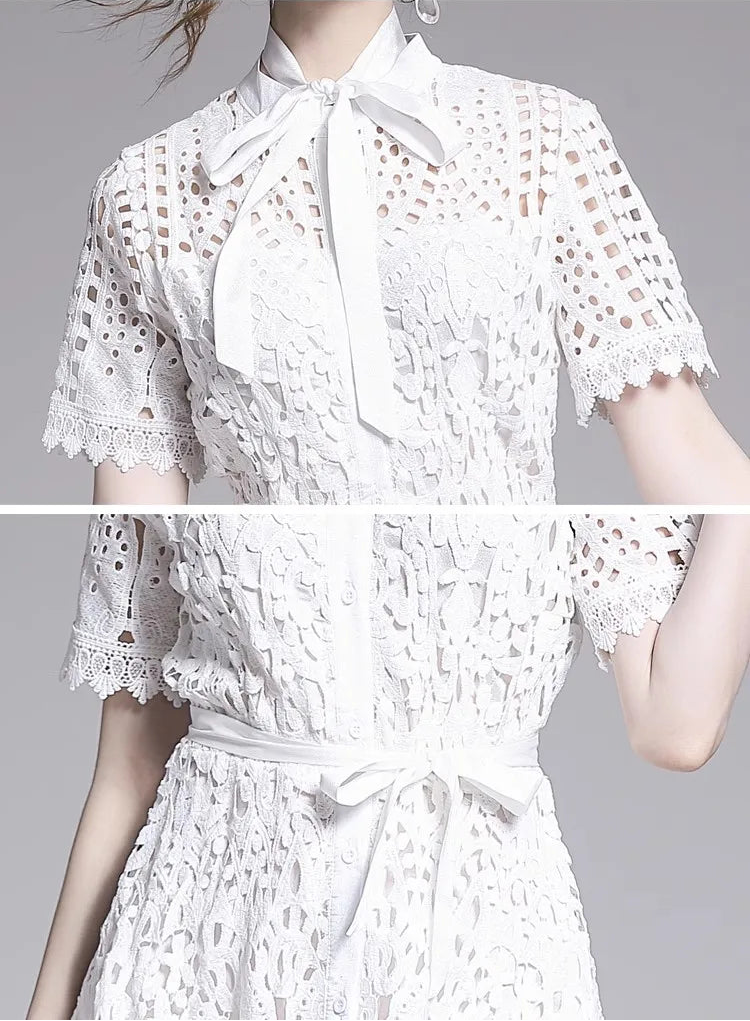 Summer Women Lace Sweet Sexy Dress Hollow Out Half High Collar Short Sleeve Single-breasted High Waist Slim Vintage Midi Dresses