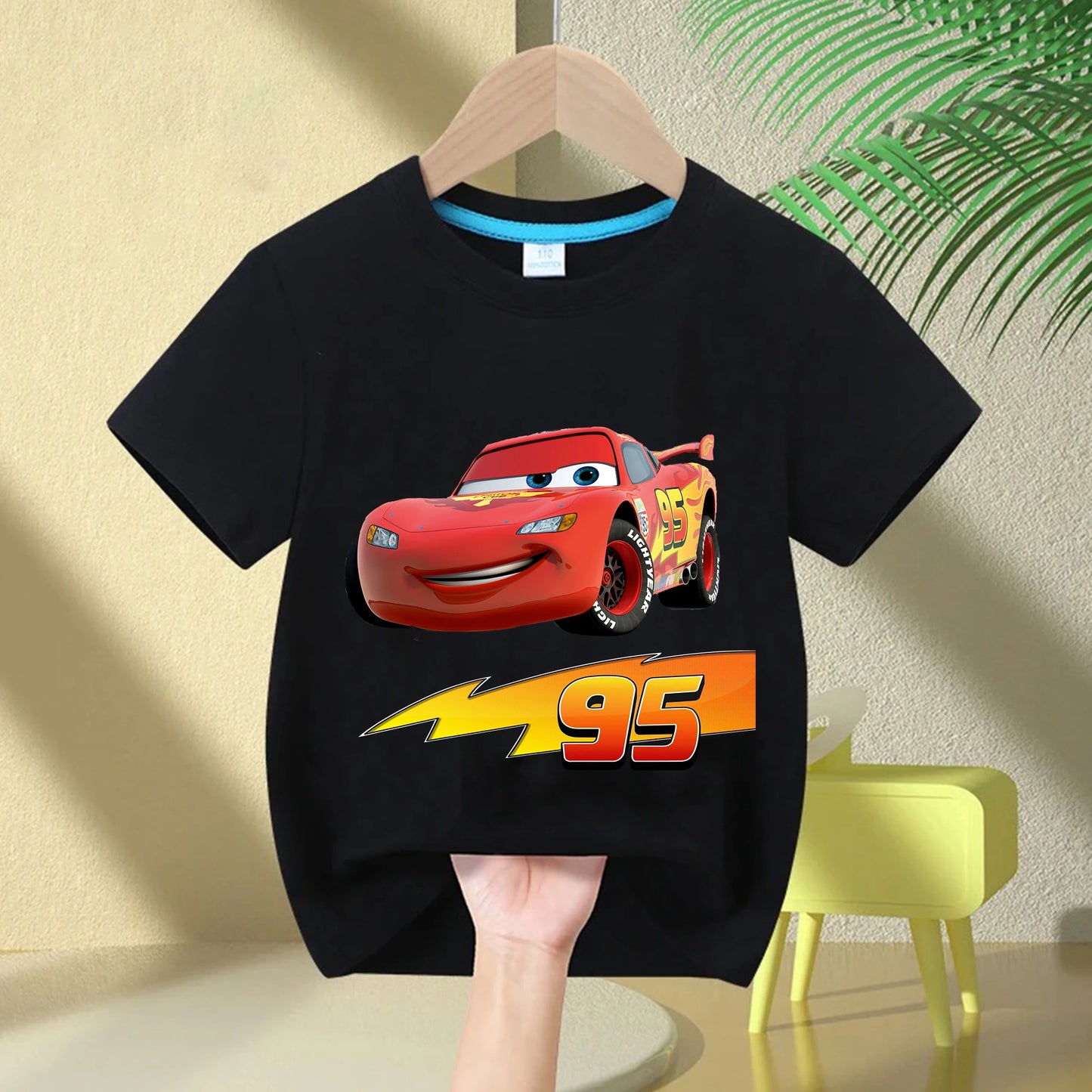 2025 Summer New Disney Cars Lightning McQueen around short-sleeved boys and girls summer 100% cotton all-match T-shirt clothes