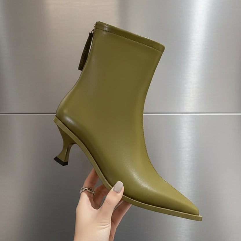 Chic Leather Women Ankle Boots Autumn Winter Office Lady Pointed Toe Thin High Heels  Short Booties Army Green