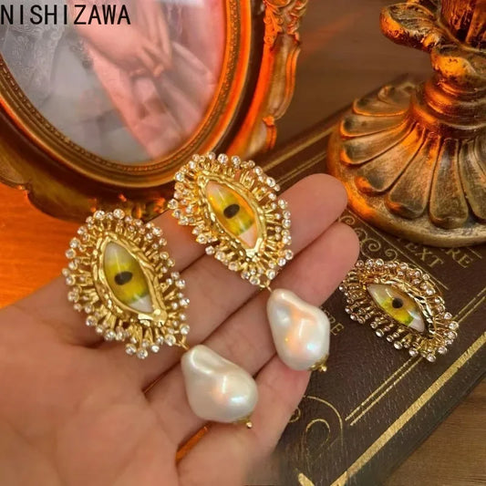NISHIZAWA Earrings for Women Hyperbole Eye Tassels Palace Style Vintage Luxury Aretes De Mujer Pearls Fashion Party Jewelry