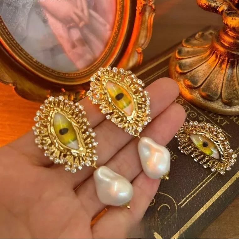 NISHIZAWA Earrings & Ring set for Women Hyperbole Eye Tassels Palace Style Vintage Luxury Aretes De Mujer Pearls Fashion Party Jewelry