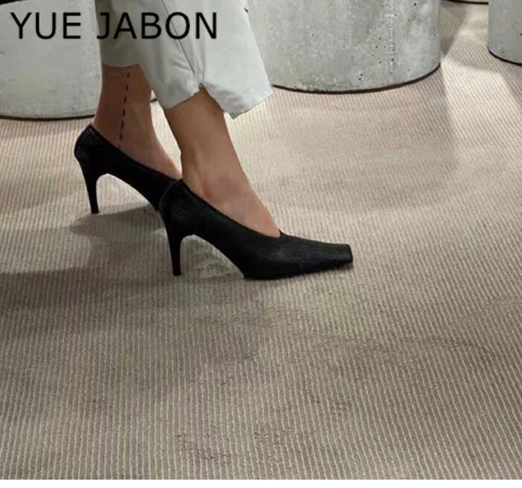 Black Square Head Early Spring New Lady Pumps Zebra-Print Soft Leather Pleated Elastic Witch High Heel Deep Mouth Granny Shoes