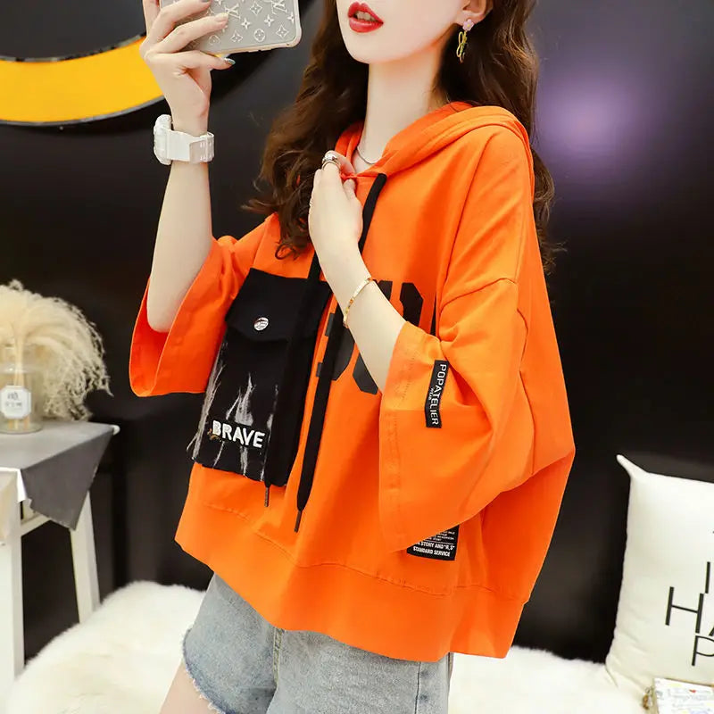 2023 Summer New Letter Printing Hoodies Women Round Neck Short Sleeve Drawstring Short Pullovers Ladies Korean Style Casual Top