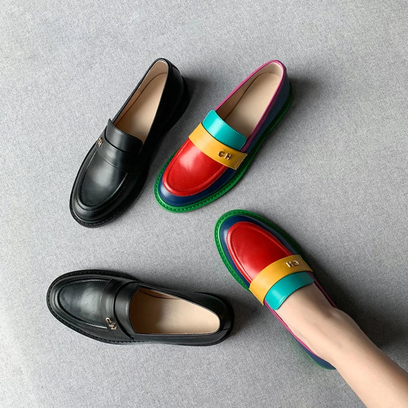 Spring Summer 2026 New Genuine Leather Slippers Women Mixed Color Covered Toe Fashion Mules Ladies Low Heels Slippers