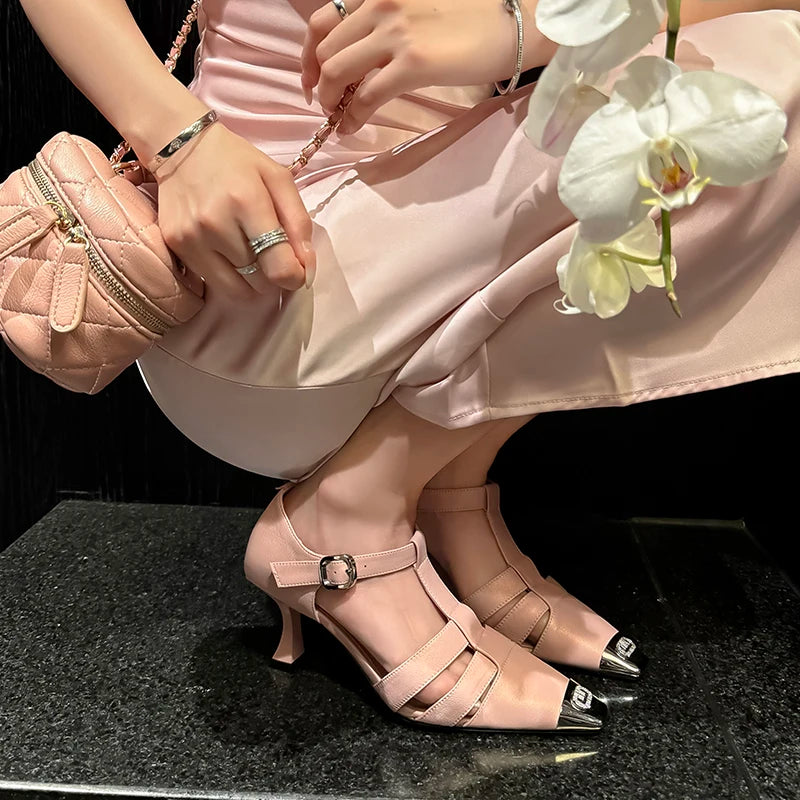 Elegant Genuine Leather Sandals Women T-Strap Metal Covered Toe Office Ladies Sandals Female Covered Back Sandals