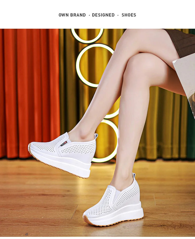 10cm Microfiber Platform Heel Wedge Shoe Sneakers Pumps White Platform Air Mesh Hollow Pumps Shoes Summer Women Zapatos de Mujer