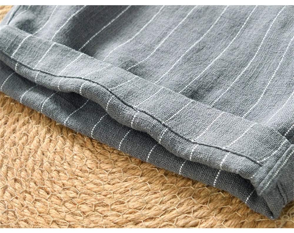 Summer cotton linen men's beach shorts loose fit breathable ramie striped straight daily causal pants for men