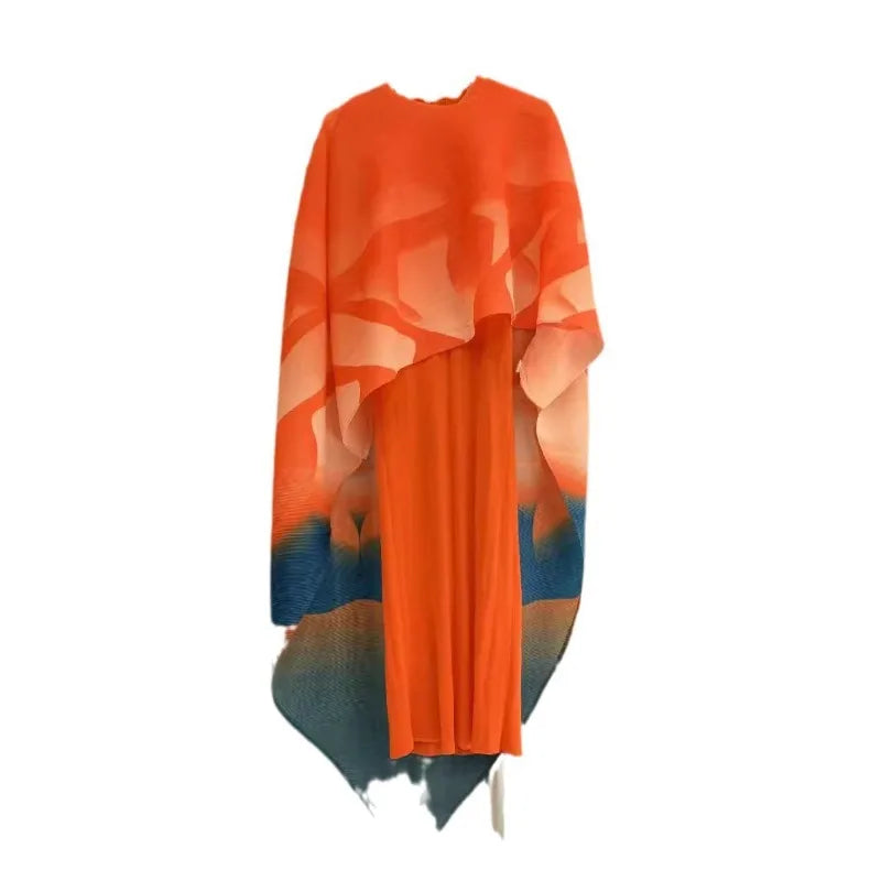 Miyake Folded Fashionable and Elegant Women's Long Skirt, Temperament Skirt, Round Neck Printed Shawl, Two Piece Dress Set