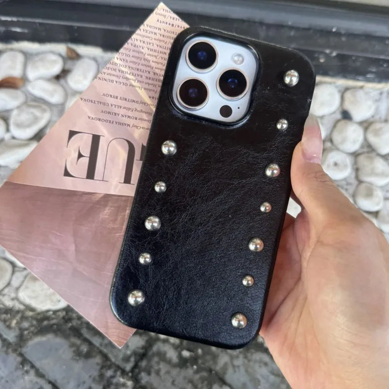 Chic iPhone case Personality Advanced Silver round Rivet Solid Color Leather Shock Proof Phone Cover for iPhone 17Promax 16 15 14 13 Pro Max Case
