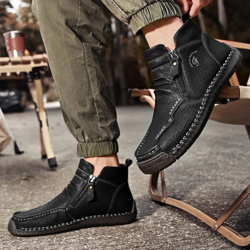 Men's Shoes Genuine Leather Luxury Slip on Shoe Handmade Ankle Boots Comfortable Timeless Winter Fashion Mid Cut Handmade Zipper Shoes
