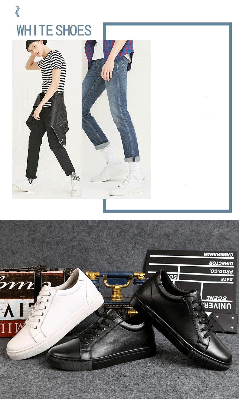 Man Elevator Shoes Height Increase Insoles High Heels Shoes 5-6CM Shoes Tall Shoes White Genuine Leather Shoes Men Sneakers