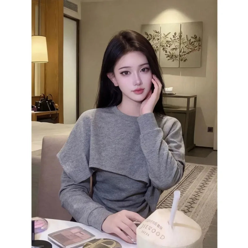 Limiguyue Spring Autumn Gray Pullover Shirts Women Daily Trendy Splice Long Sleeve Tops Loose Irregular Blouse Designer 180B