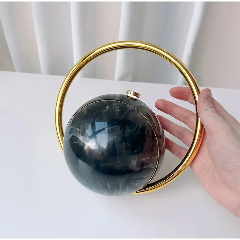  Designer Electroplating Circular Handle Handbag,Sphere Evening Elegant Clutch Purse,Women Fashion Marble Pattern Tote Bag