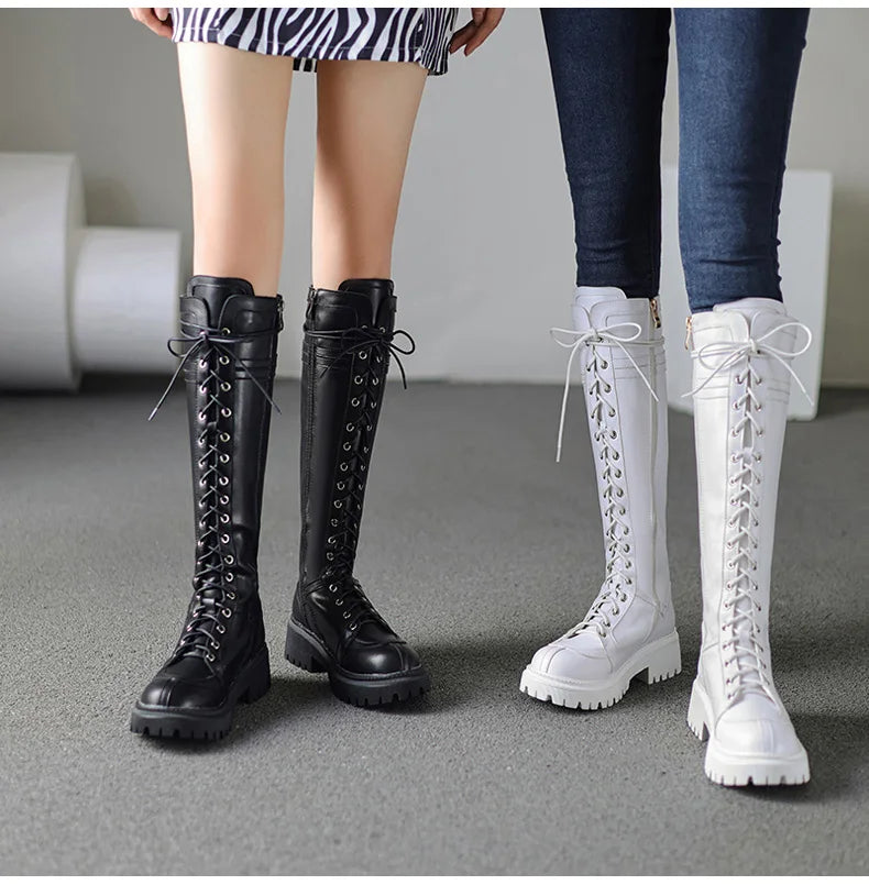 Ods Genuine Leather Women's High Knee Boots Winter Shoes Sexy Lace Up Black White Low Heels Party Shoes Girls Large Size 414243