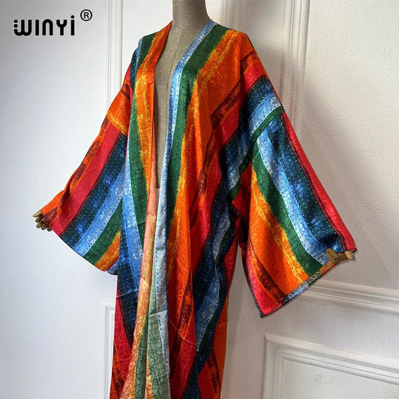 WINYI beach cover up print kimono Silk feel Dress Beach Wear Boho Cardigan abaya women muslim dress africa Long Sleeve coat