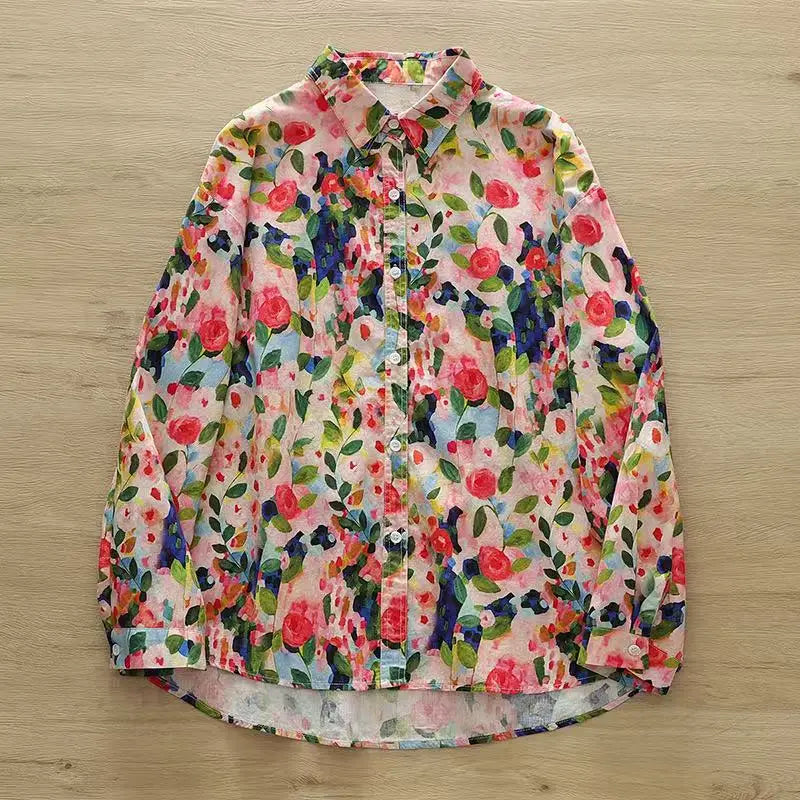 100% Cotton Women's Long Sleeve Top Japanese Style Original Rose Oil Painting Print Shirts for Women Autumn Vintage Tops