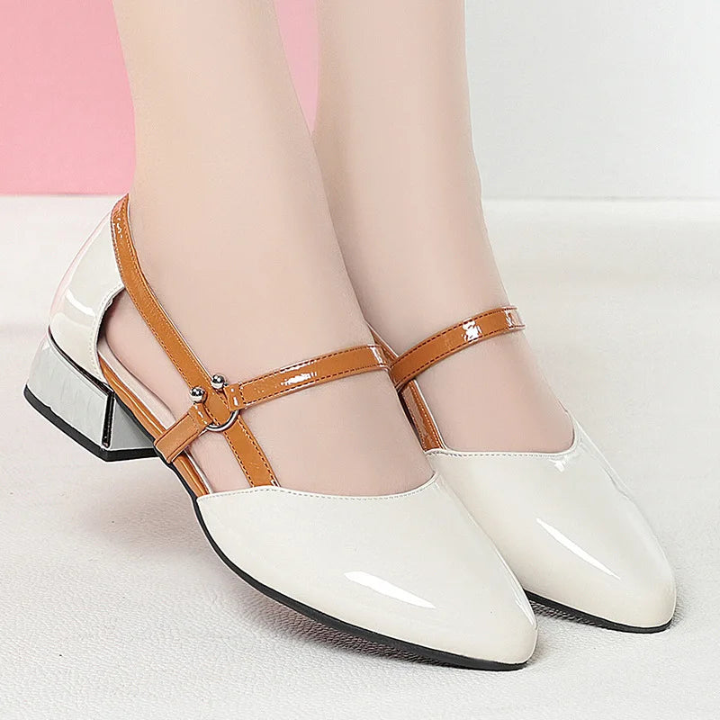 2024 Soft Leather Sandals Women Spring Summer Fashion Pointed Tip Single Shoes Low-Heel Hollow Buckle Ventilate Office Gentle