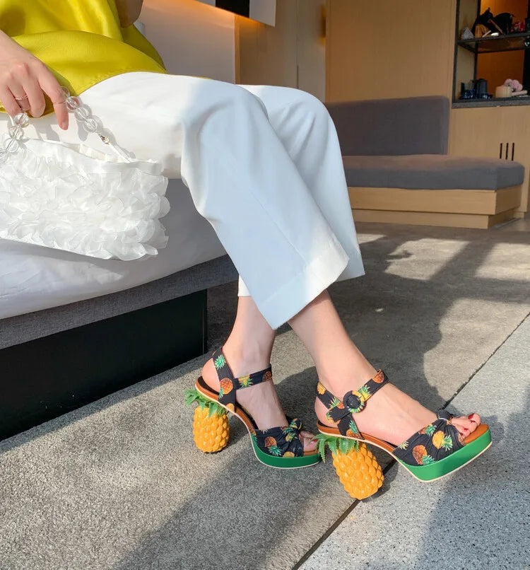 Sweet Lady Pineapple Heels High Heels Women's Thick Bottom Water Platform Printed Fabric Personalized Ultra High Heels Oversize