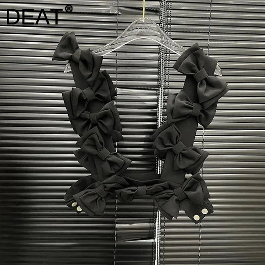 DEAT 2025 Summer Fashion Bow Decoration Vest For Women Niche Design Versatile Black Tank Tops Female Trendy New Items 11A04652