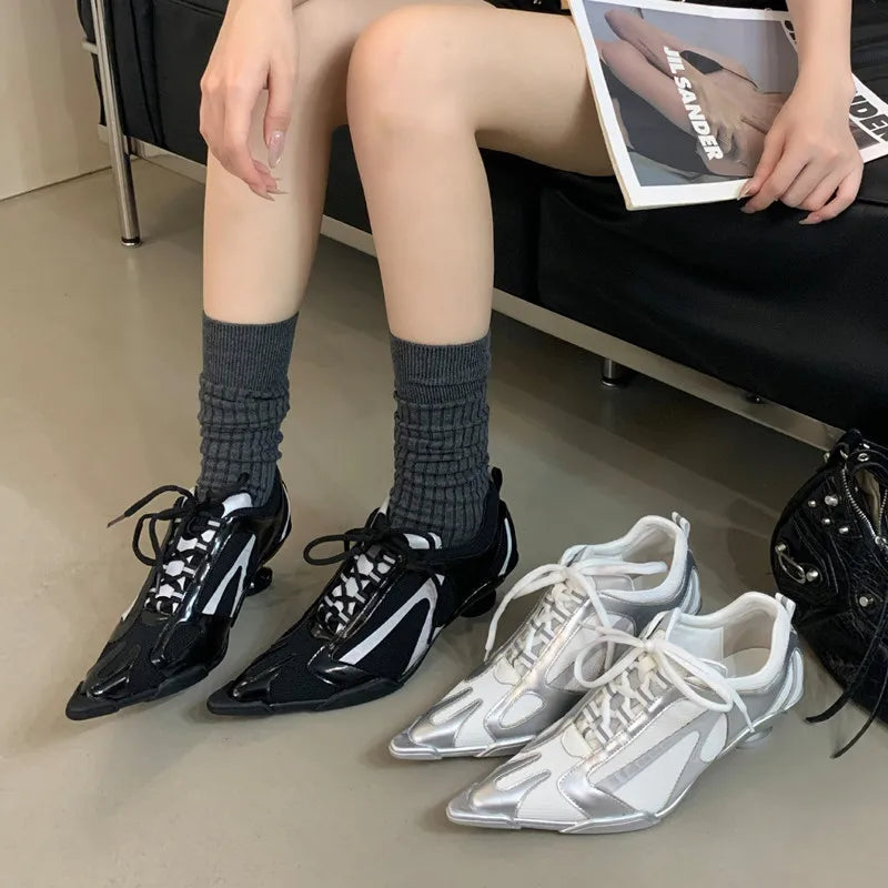 Sport Style Fashion Mixed-color Pointed toe Women Pumps Spring Autumn Breathable Mesh Strange High heels Casual Sneakers Shoes
