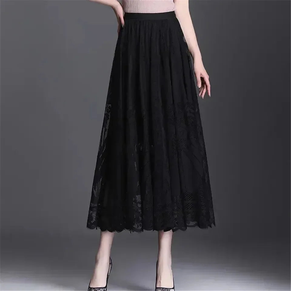 Women Vintage Sexy Hollow Lace High Waist Elegant Party Long Skirt Summer Fashion Black Pleated Fairy A Linen Maxi Skirts Faldas