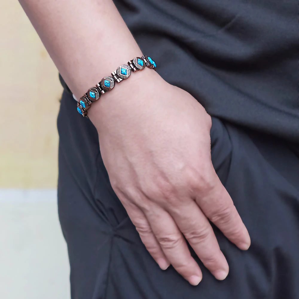 Vinterly Magnetic Bracelets Pure Copper Blue Brown Stone 22.5cm Vintage Health Energy High Magnet Jewelry Benefits Chain Links