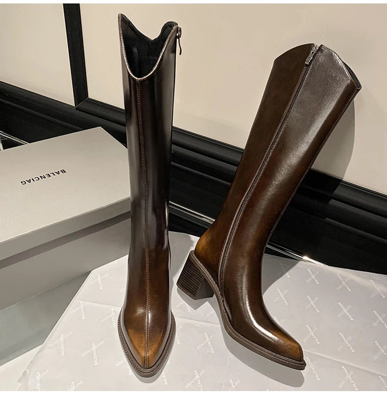 Ods New Women Genuine Leather Pointed Toe Knee High Boots Black White Brown Side Zipper Female Shoes Thick Heel Plus Size 42