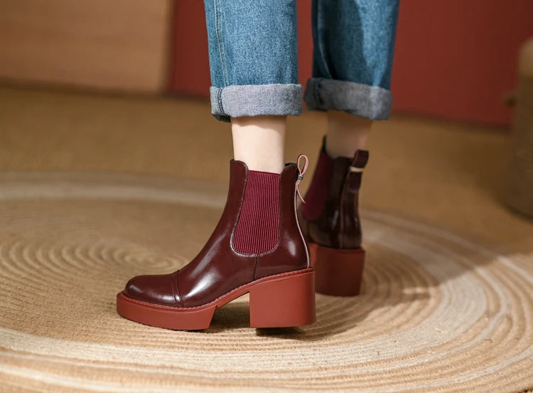 Winter Genuine Leather Chelsea Boots Women Shoes Retro Round Toe Women Platform Thick Heels Short Booties Autumn