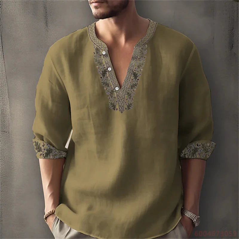 2026 Summer New Men's Fashion Printed Shirt, Henley Collar, Long Sleeve, Ethnic Style, Loose Fit, Breathable, Casual Men's Top