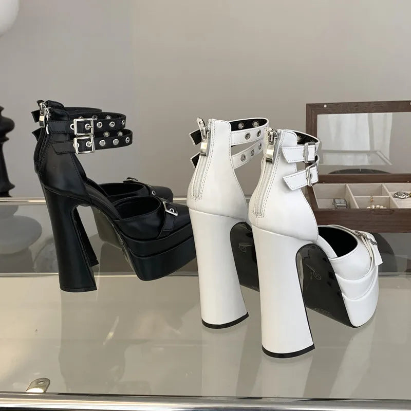 Runway style 15cm Ultra High heels Platform Wedges Women Pumps Fashion Rivet Ankle Strap Thick Heeled Spring Summer Chunky Shoes