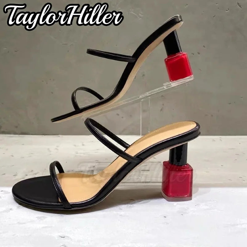 Vintage Strange Style Heeled Sandals Double Strappy Luxury Rose Design Summer Mule High Heels Pull On Slip On Black White Shoes