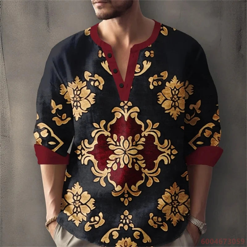 Men's Long-Sleeved Shirt with Retro Print, Stylish Design, Outdoor Casual Henley Collar, Loose Fit, Men's Vacation Top, XS-6XL.