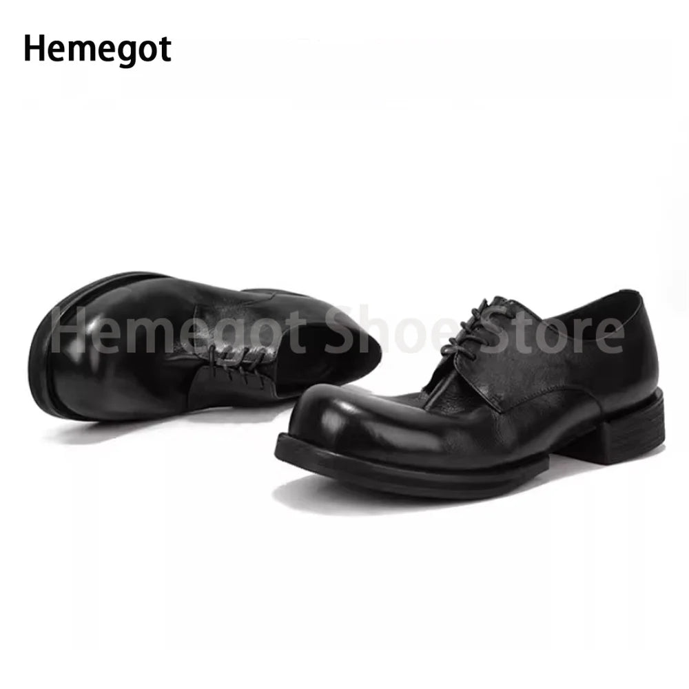 Big Round Toe Casual Shoes Low Cut Breathable Leather Shoes for Men Wear-Resistant Breathable Solid Color Handmade Men's Shoes